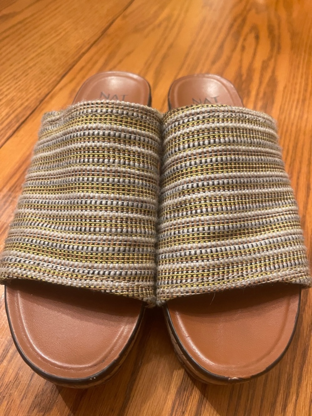 Woven Slide Sandals in Tan and Gold
